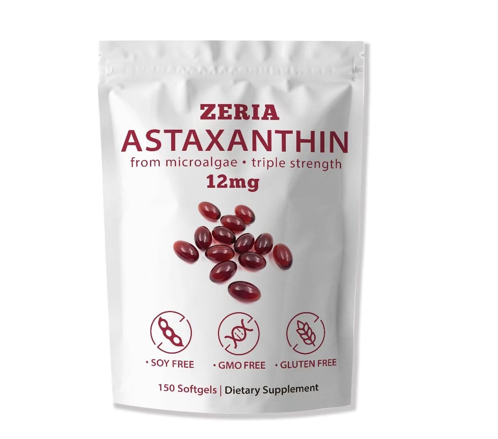 ZERIA Astaxanthin 12mg, 150 Softgels - Natural Microalgae Antioxidant for Eye, Skin & Immune Support, 4-Month Supply