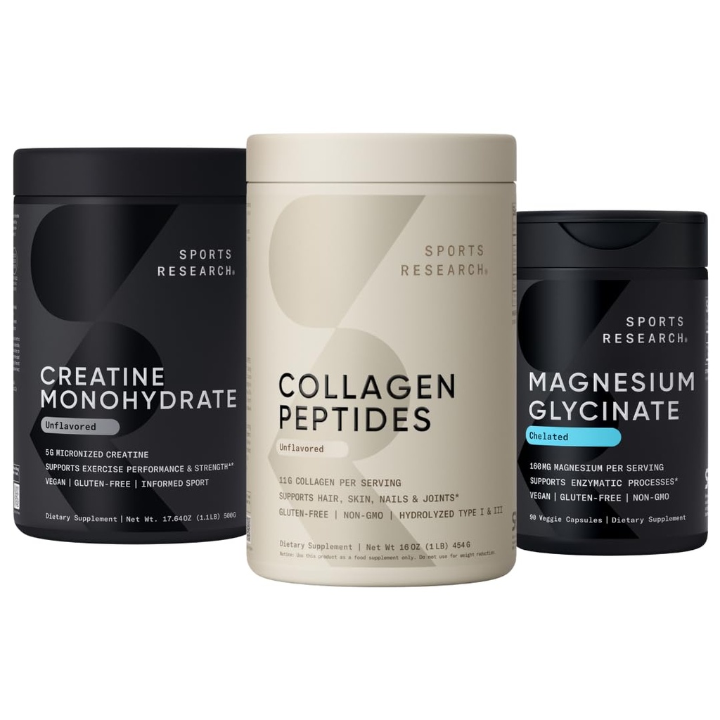 Sports Research® Supplements Pack - Hydrolyzed Type 1 & 3 Collagen Powder Protein + Creatine Monohydrate + 160 mg Magnesium Glycinate