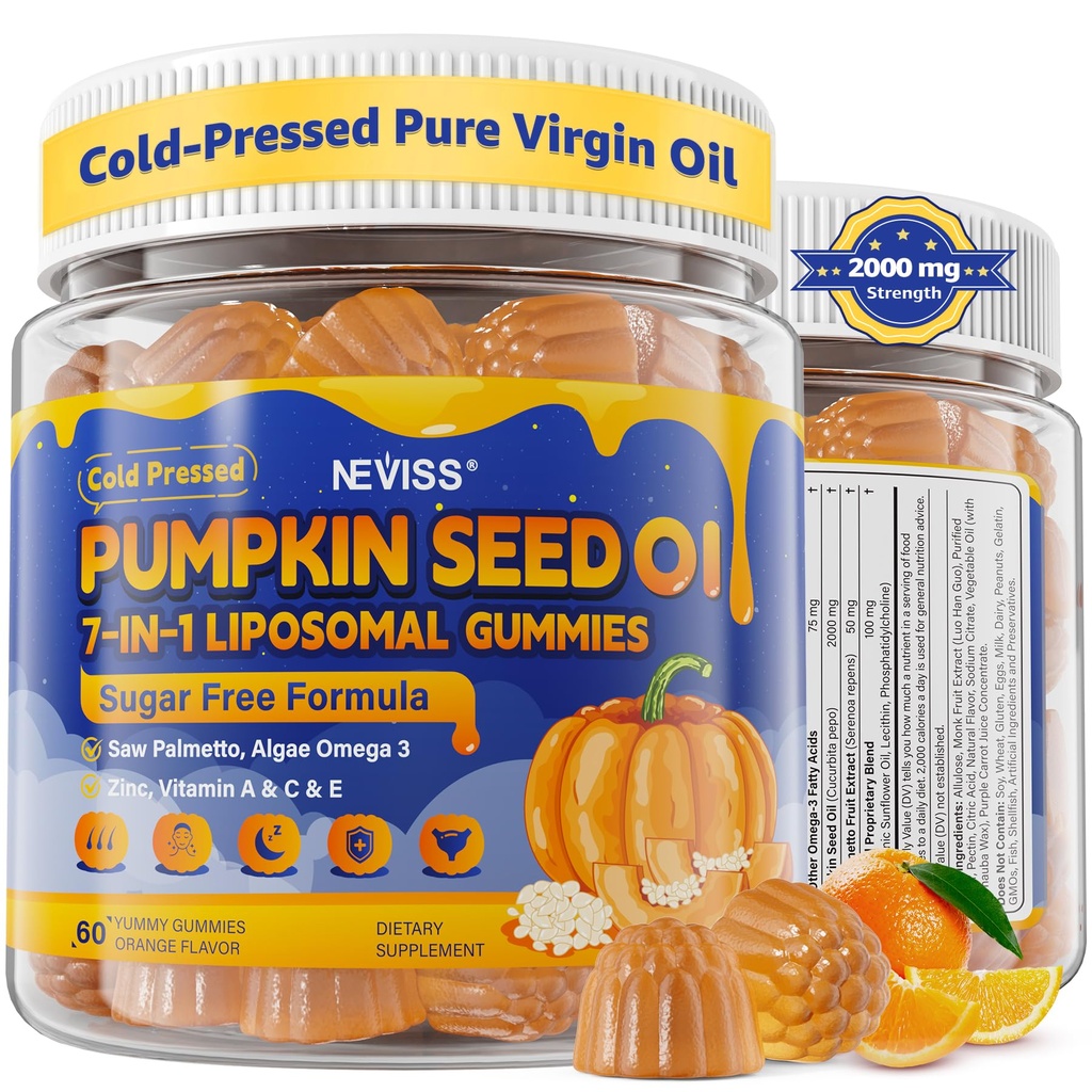 Pumpkin Seed Oil Gummies + Saw Palmetto + Algae Omega-3, Zinc, VA, C & E -Essential Fatty Acid, Cold-Pressed Pumpkin Seed Supplement for Hair Growth, Skin, Urinary, Bladder,Prostate & Immune,120Cts