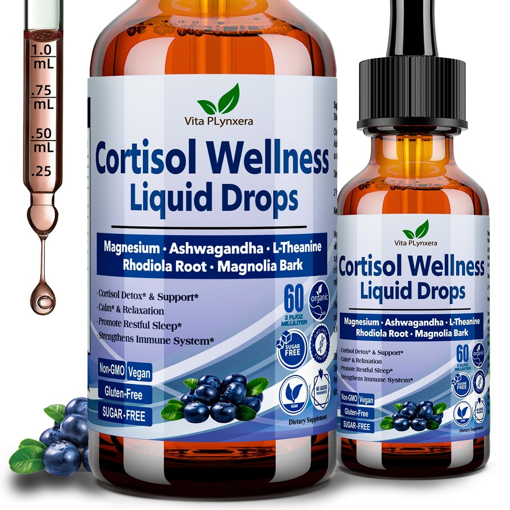 Vita PLynxera Cortisol Supplement Liquid Drops, 17-in-1 Cortisol Detox w. Magnesium Glycinate 400mg Ashwagandha, L-Theanine, Phosphatidylserine, Hormone Balanced for Women, Mood Focus, Sleep Support | Hormone Balance Support, Enhanced Mood & Focus, Healthy Sleep-wake cycles, Fast-Absorbing Liquid Drops