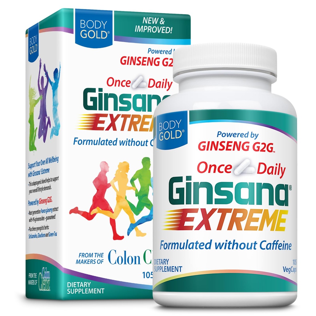 Body Gold Ginsana Energy, 105 VegCaps | Energy, Focus & Endurance Support, Panax Ginseng, Schizandra, Eleuthero & Green Tea, 52 Servings