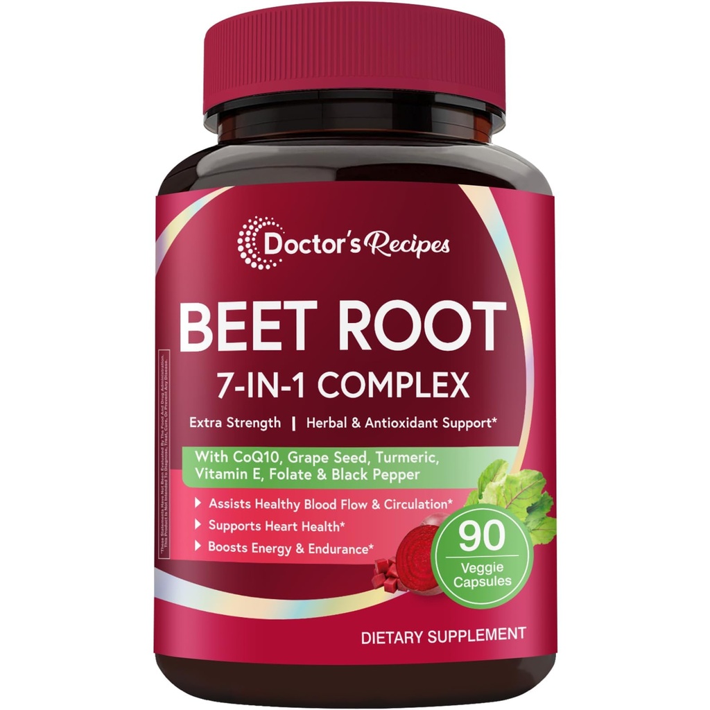 Doctor's Recipes Beet Root Capsules, Beet Root Extract with Grape Seed, CoQ10, Turmeric, Black Pepper for Enhanced Absorption, Supports Heart, Circulation, Energy & Nitric Oxide, Non-GMO, 90 Veg Caps