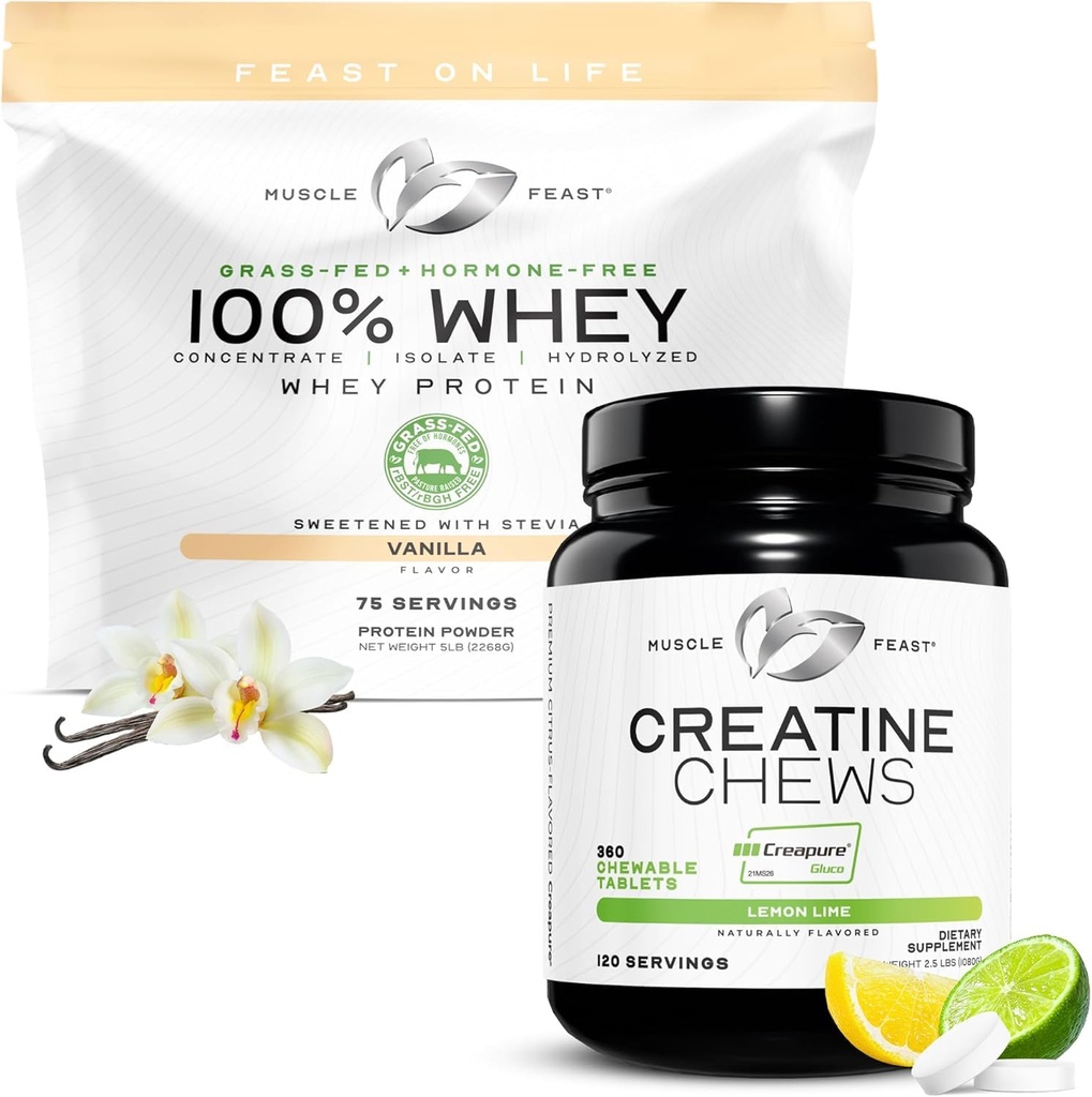 Muscle Feast 100% Whey + Creatine Candy Bundle: 1 100% Whey Protein (Vanilla, 5lb) + 1 Creatine Candy (Lemon Lime, 360) | Premium Supplements, Vegetarian, Gluten Free