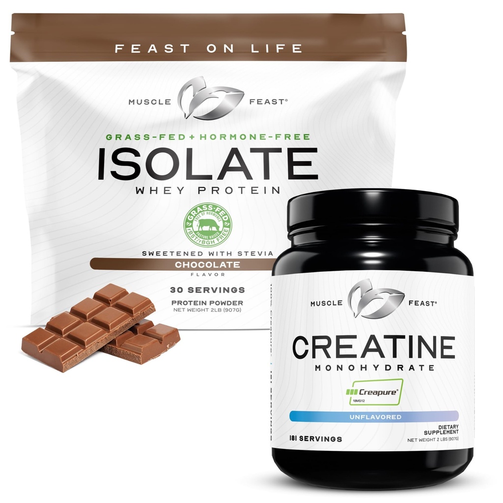 Muscle Feast Creatine + Isolate Bundle: 1 Creatine Powder (Unflavored, 2lb) + 1 Whey Protein Isolate (Chocolate, 2lb) | Premium Supplements, Vegetarian, Gluten Free