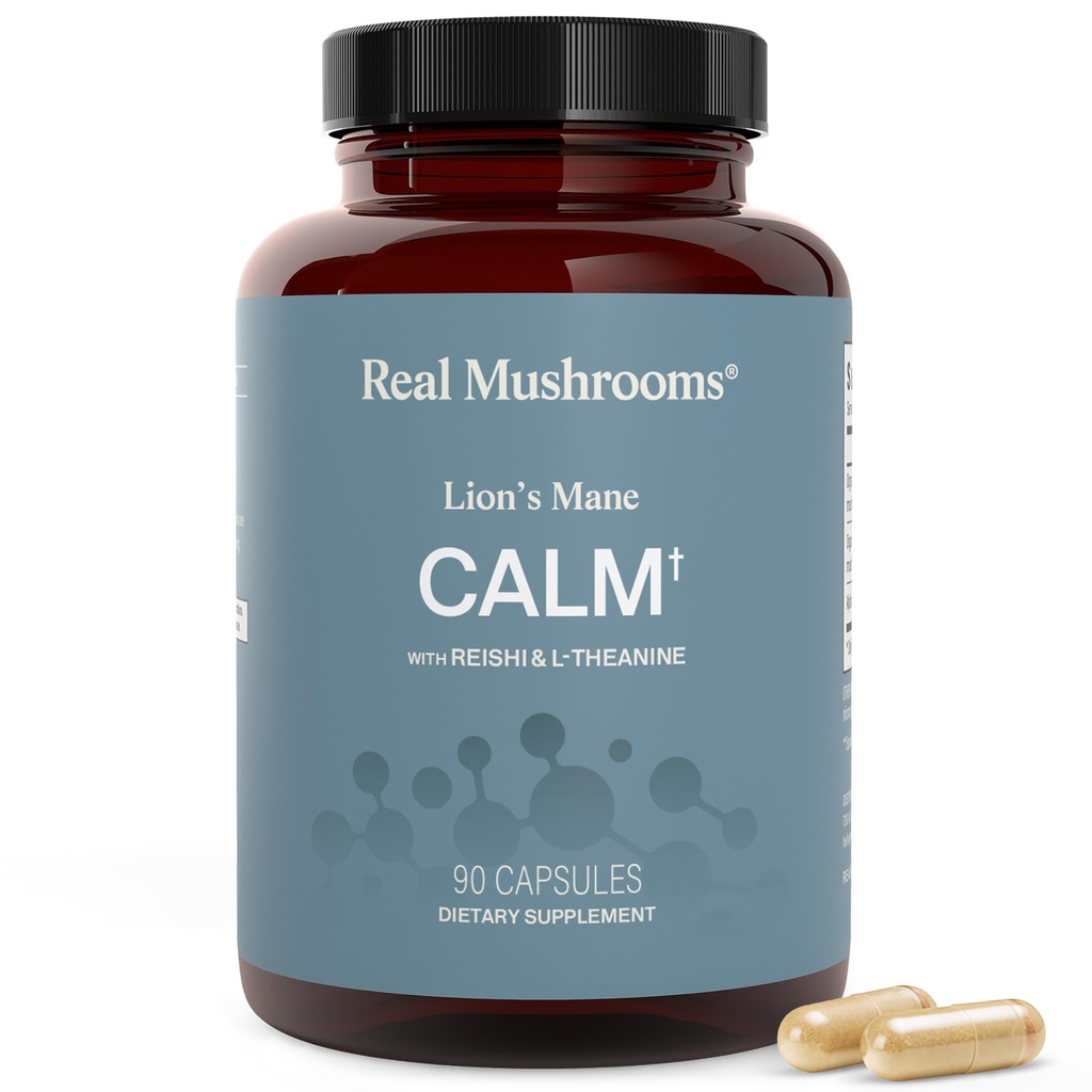Real Muhsrooms Calm Lions Mane Capsules (90 Count) – 400mg Organic Lions Mane Fruiting Body Extracts, 200mg Organic Reishi, 200mg AlphaWave L-Theanine for Calm Clarity & Relaxed Alertness, 90ct