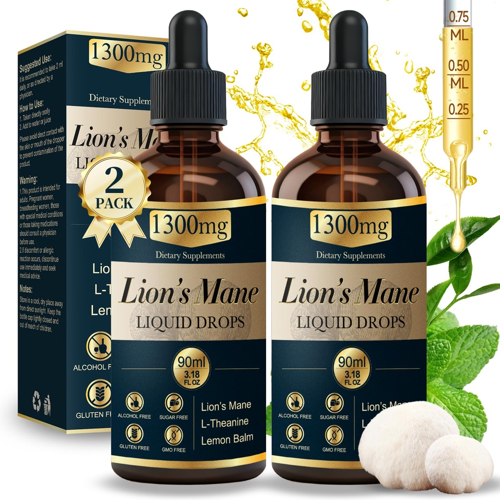 2 Pack*90ml Lions Mane Liquid Drops Organic Mushrooms Supplement with L-Theanine Lemon Balm Lion's Mane Extract Drop for Adults Brain Support for Memory Focus Clarity Free of Alcohol Sugar Tasteless