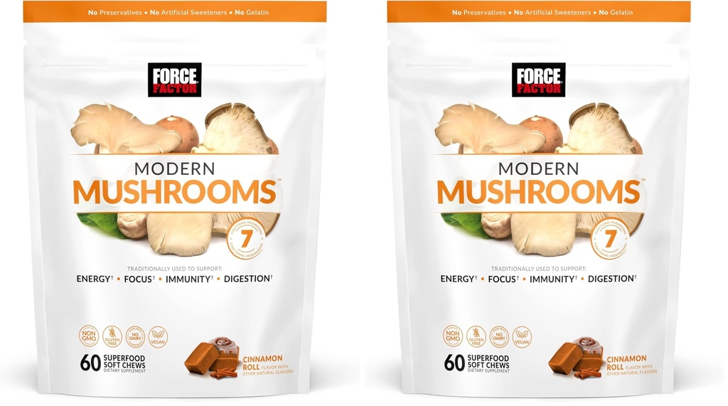 Force Factor Modern Mushrooms Soft Chews, Mushroom Supplement with Lions Mane, Turkey Tail, & Cordyceps to Support Energy, Focus, Immunity, & Digestion, Cinnamon Roll, 60 Soft Chews, (Pack of 2)