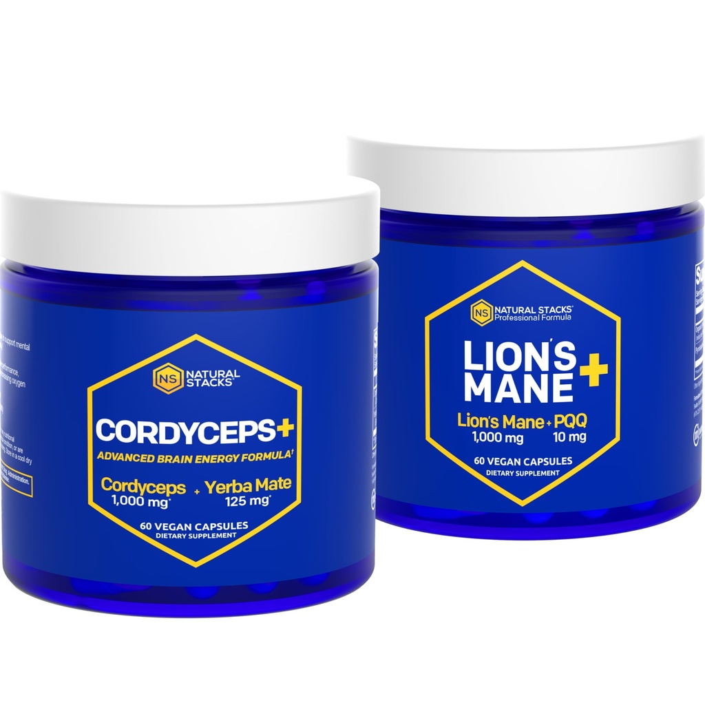NATURAL STACKS CORDYCEPS + Lions Mane Mushroom Supplement Bundle - Supports Brain Energy and Memory* - 120 Mushroom Capsules