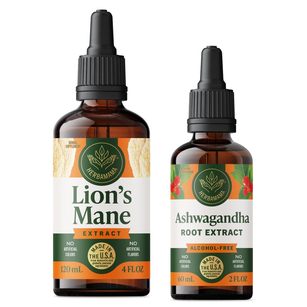 HERBAMAMA Herbal Liquid Drops Kit - Bundle of Lion's Mane Drops 4 fl oz & Ashwagandha Root Tincture 2 fl oz - Vegan, Non-GMO, Sugar & Alcohol-Free - 2 Pack