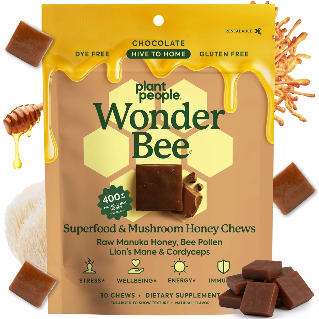 Plant People WonderBee Super Mushroom Manuka Honey Chews - Bee Pollen, Lion's Mane & Cordyceps - Cognition, Energy & Immune Support - Chocolate (30 Count)