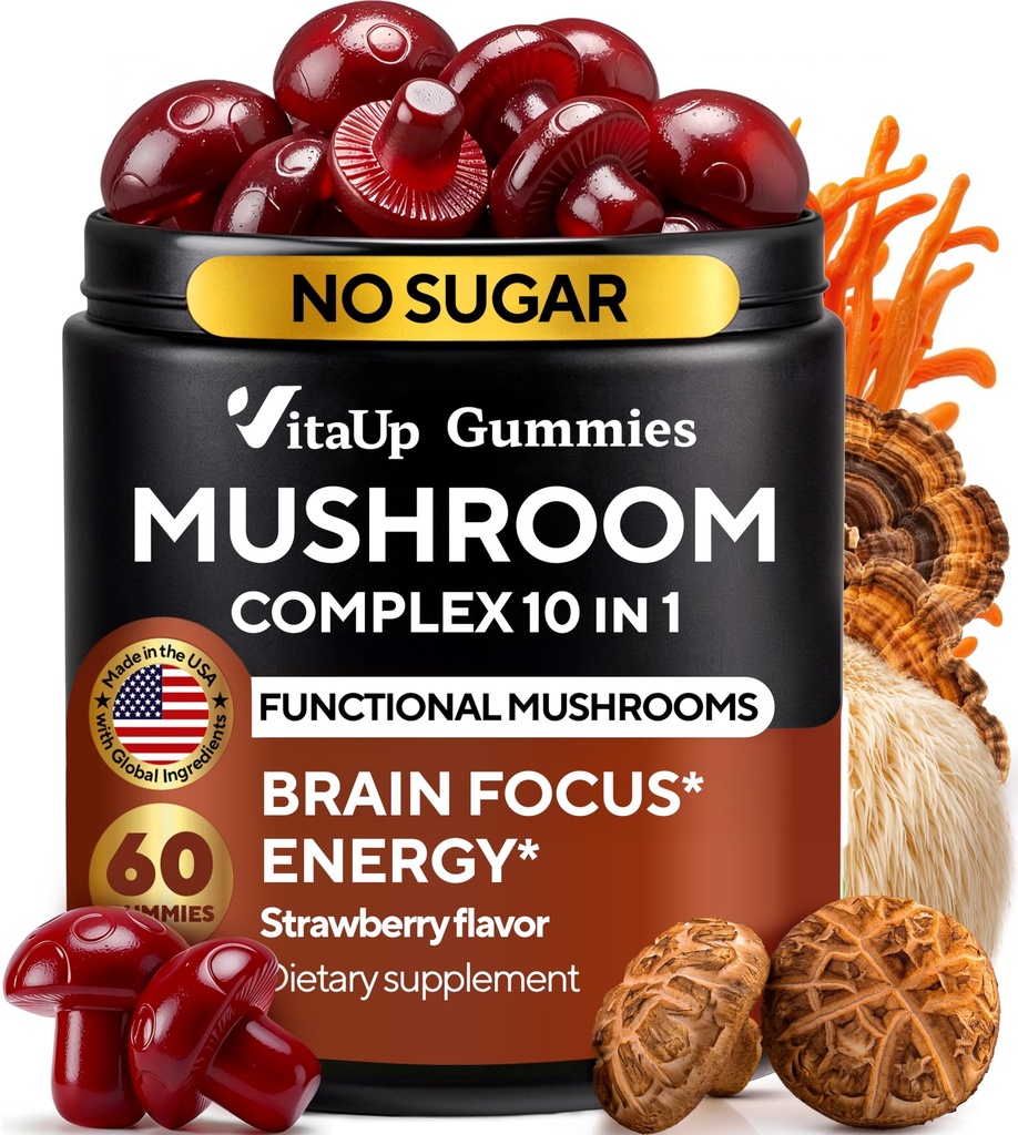 VitaUp Mushroom Supplement - USA Made Mushroom Gummies - Mushroom Complex with Lions Mane, Cordyceps, Turkey Tail, Reishi, Shiitake for Cognitive & Immune Support - 60 Count
