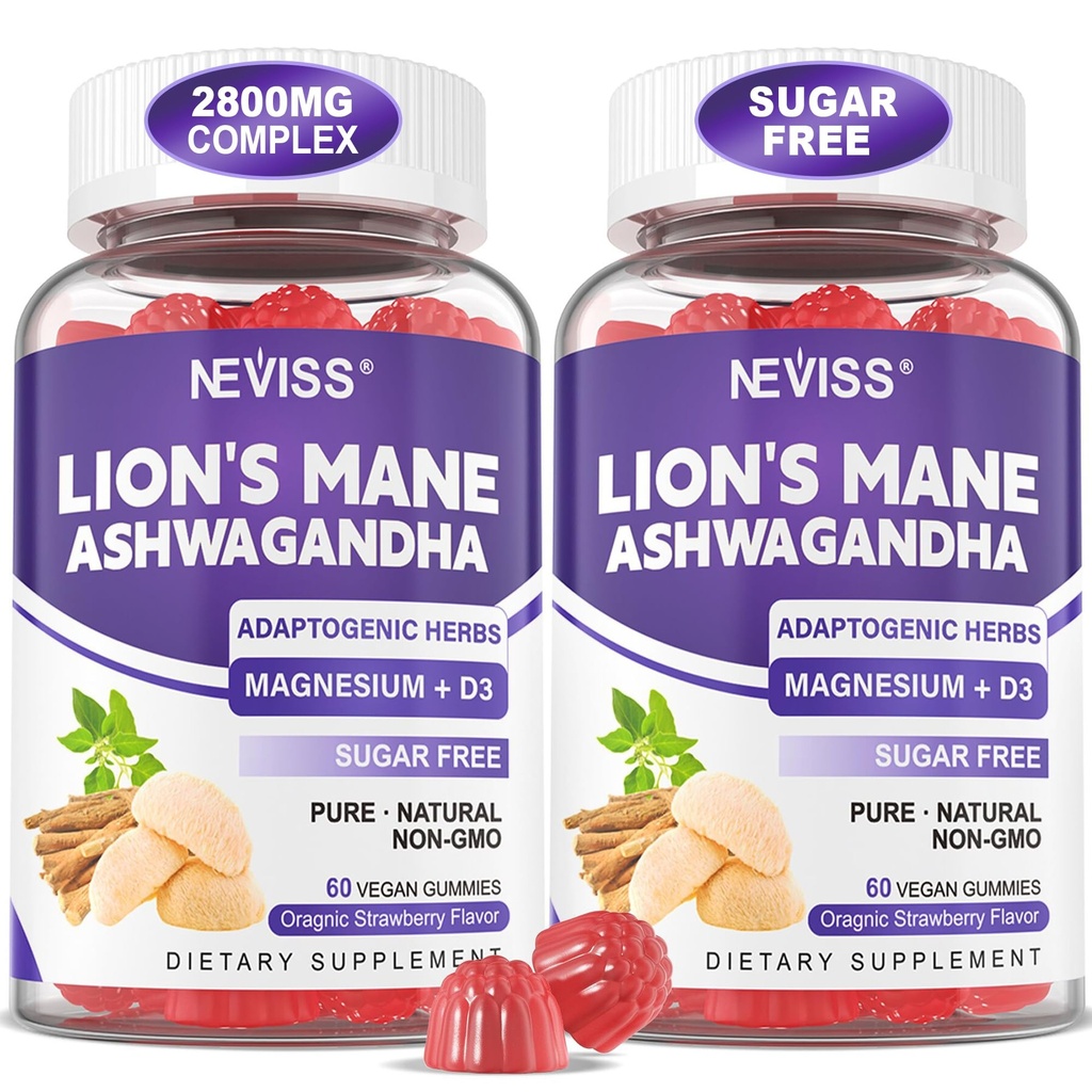 Lions Mane Mushroom Ashwagandha Gummies, Cortisol Supplements for Women Men w/ Saffron, Magnesium Glycinate & Maca for Calm, Focus & Energy Support, Calming Gummies for Adults, Sugar Free, Vegan 120ct