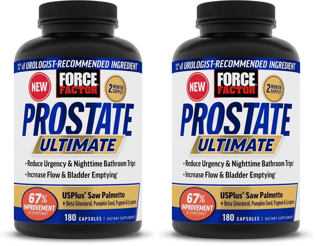 Force Factor Prostate Ultimate, Prostate Health Supplement for Men with Nettle & Saw Palmetto, #1 Urologist Recommended Ingredient to Support Urinary Flow, Bladder Emptying, 180 Caps (Pack of 2)