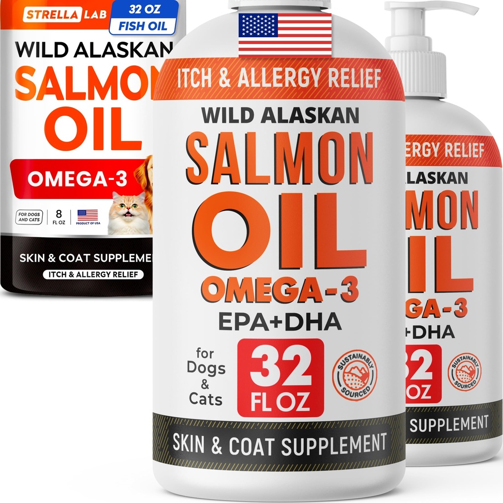 STRELLALAB Wild Alaskan Salmon Oil Bundle – Omega 3 for Skin, Coat & Itch Relief + Shedding Support – EPA & DHA Fatty Acids – 96 Fl Oz Liquid Total (64 Oz 2-Pack + 32 Oz) – Made in USA