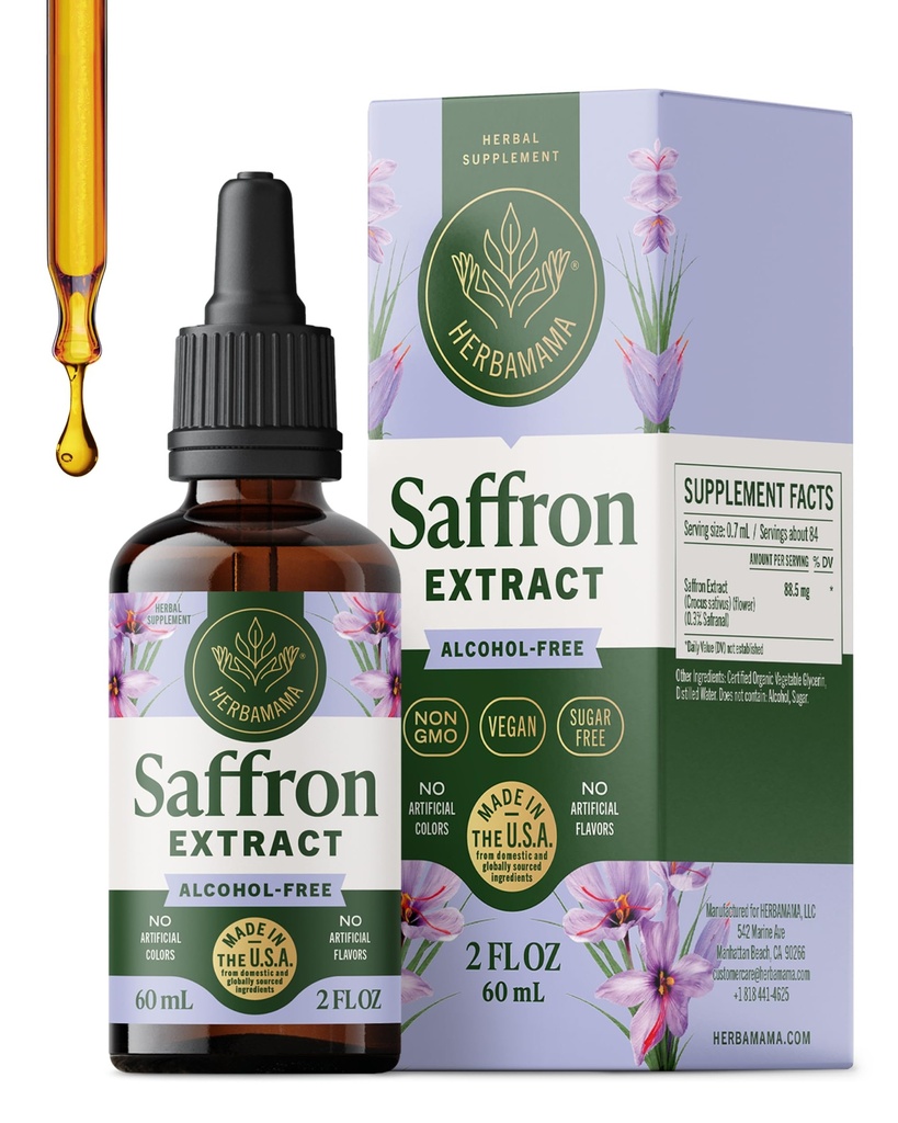 HERBAMAMA Saffron Supplements - Pure Saffron Extract for Stress Relief & Relaxation - Calming Supplements for Adults - Vegan, Non-GMO, Alcohol & Sugar-Free, 84-Day Supply