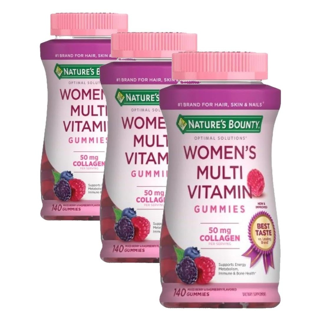 Nature's Bounty Optimal Solutions, Women's Multivitamin Gummies for Immune Support, Cellular Energy Support, Bone Health, Raspberry Flavor, 70 Total Servings 140 Count (Pack of 3)