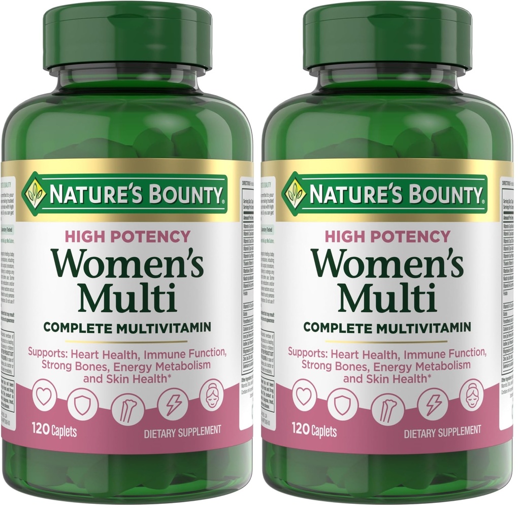 Nature's Bounty High Potency Women’s Complete Multivitamin, Daily Vitamin with Vitamin C, Supports Heart Health & Immune Function, Essential Nutrition for Women, 120 Caplets (Pack of 2)