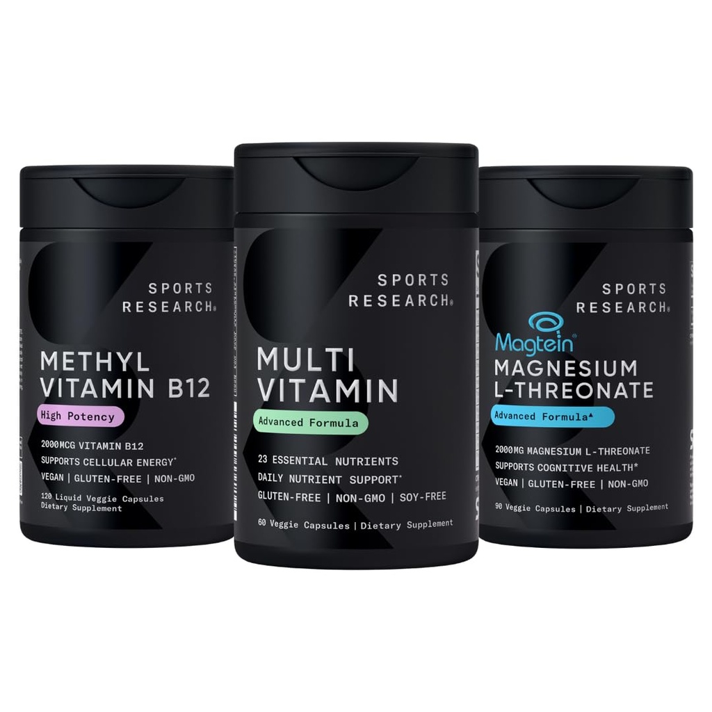 Sports Research® Celular Energy Pack - Multivitamin Advanced Formula w/ 23 Essential Vitamins & Minerals + Methylcobalamin B12 2000mcg + Magtein Magnesium L-Threonate 2000mg
