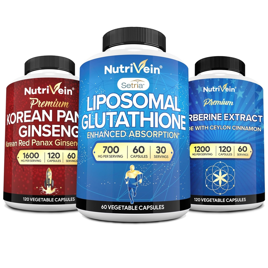 Nutrivein Premium Liposomal Glutathione Supplement, Korean Panax Ginseng Supplement, and Berberine Supplements Bundle: Reduced Glutathione, Berberine Complex, & Red Ginseng for Vitality & Wellness