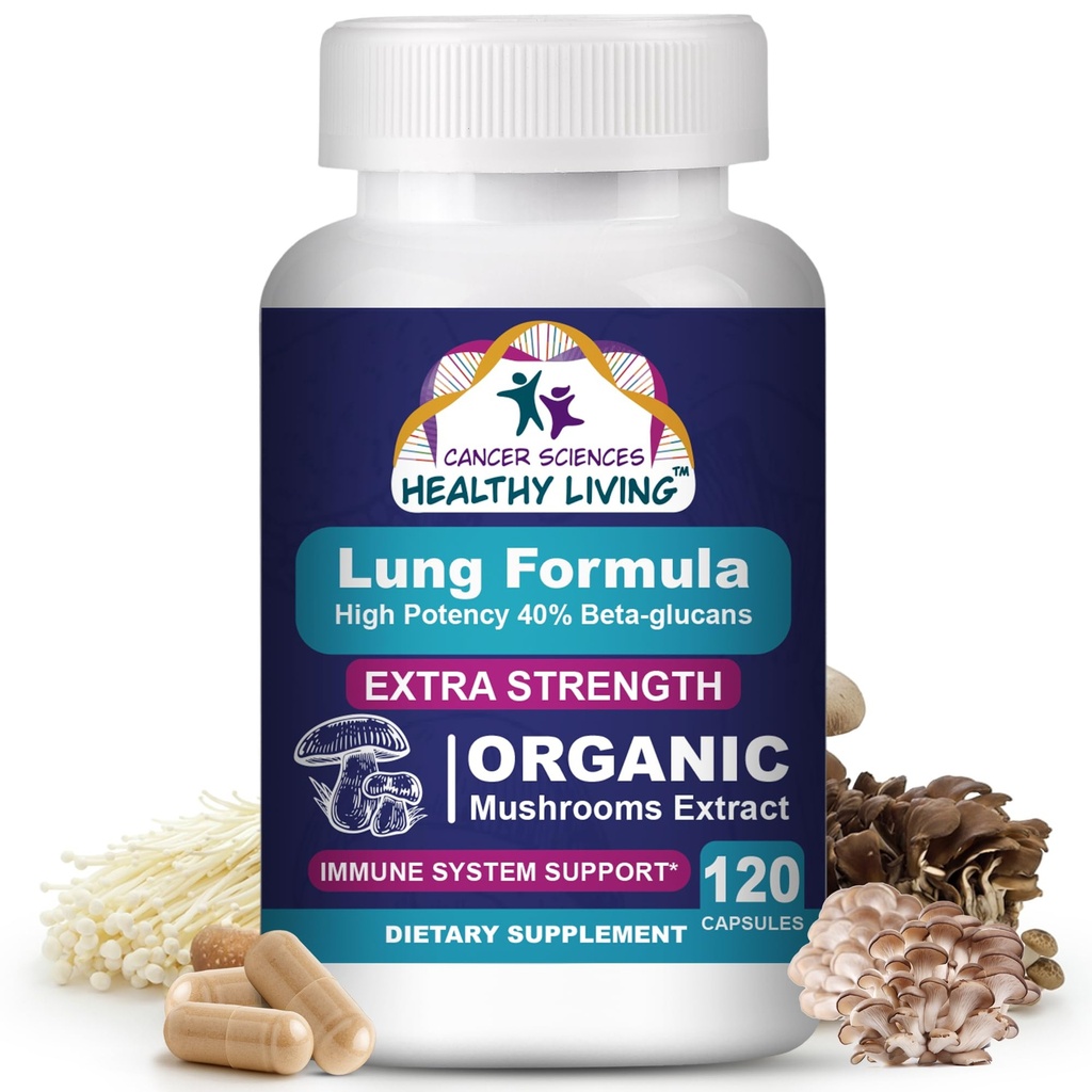 Lung Health & Wellness Supplement, USDA Certified Organic Mushrooms Extract, 1,500 mg Extra Strength, High Potency 40% Beta-Glucans, Immune Support, Healthy Lungs Booster, 120 Capsules