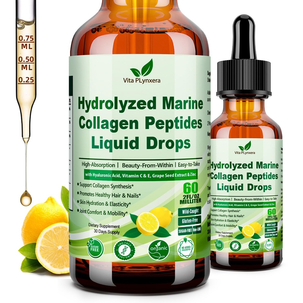 Marine Collagen Peptides Liquid Drops, Hydrolyzed Multi Type I & III Collagen w. Vitamin C E Grape Seed Extract for Joint, Skin, Hair & Nail, Liquid Collagen High Absorption for Women Men, Wild-Caught