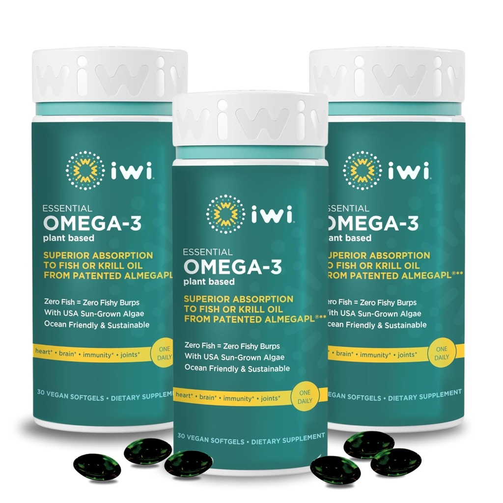 Iwi Omega-3 Essential, 90 Softgels (90 Servings), Plant-Based Algae Omega 3 with EPA + DHA, Brain, Heart & Immune Support Dietary Supplement, Krill & Fish Oil Alternative, No Fishy Aftertaste