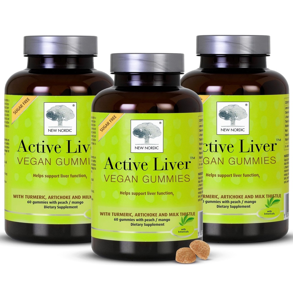 New Nordic Active Liver Gummies, Milk Thistle, Artichoke & Turmeric Supplement, Natural Peach & Mango Flavor, Sugar Free & Vegan, 60 Count (Pack of 3)