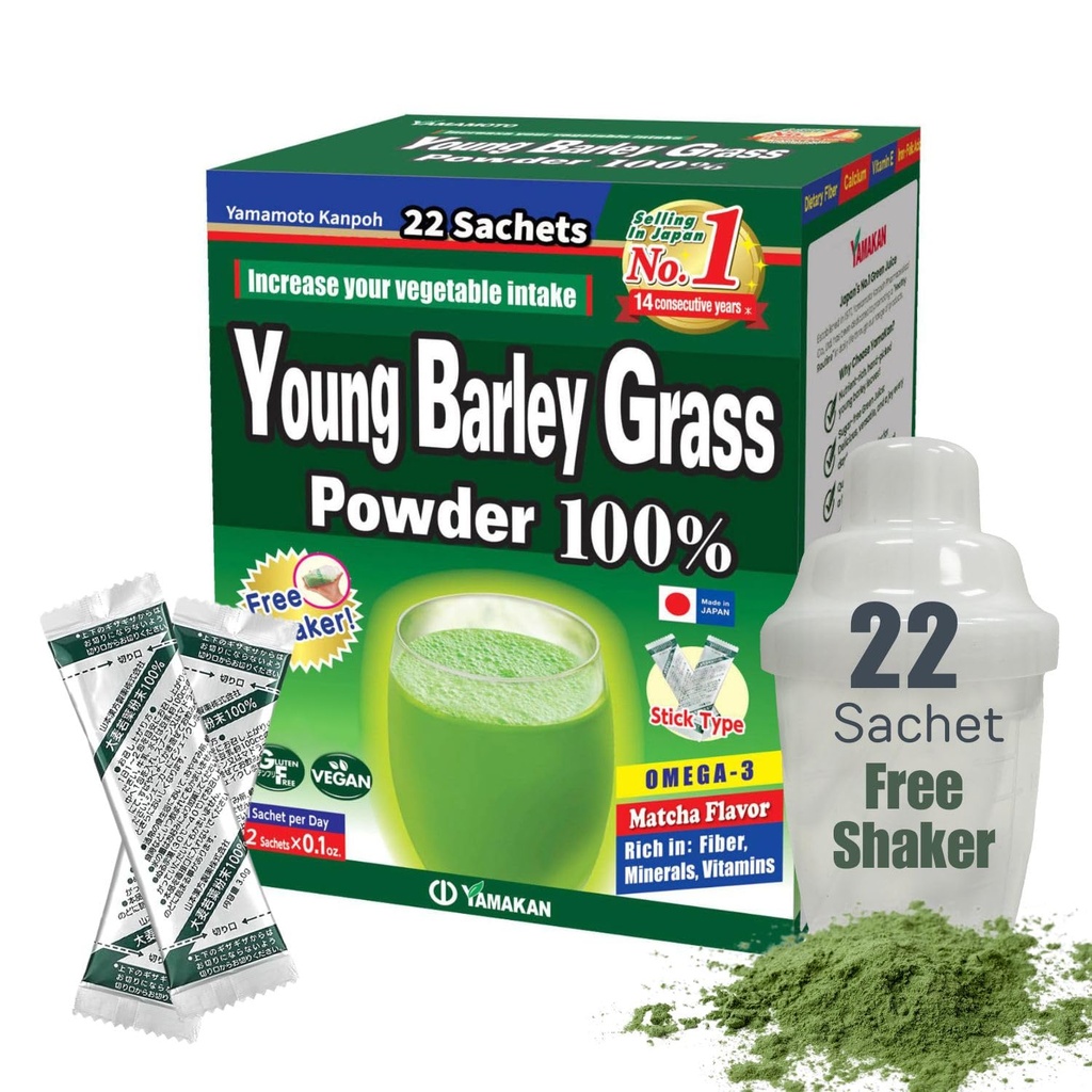 Yamamoto Kanpoh YAMAKAN Barley Grass Juice Powder, Young Barley Grass Powder Rich in Minerals, Vitamins & Plant-Based Protein for Women & Men, Grass Juice from Japan, Non GMO 22 Count
