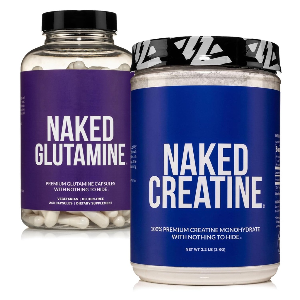 NAKED Pure Micronized Creatine Monohydrate 200 Servings + Pure L-Glutamine 240 Capsules Bundle: Vegan, Non-GMO, Gluten Free. Minimize Muscle Breakdown & Improve Protein Synthesis. Nothing Artificial