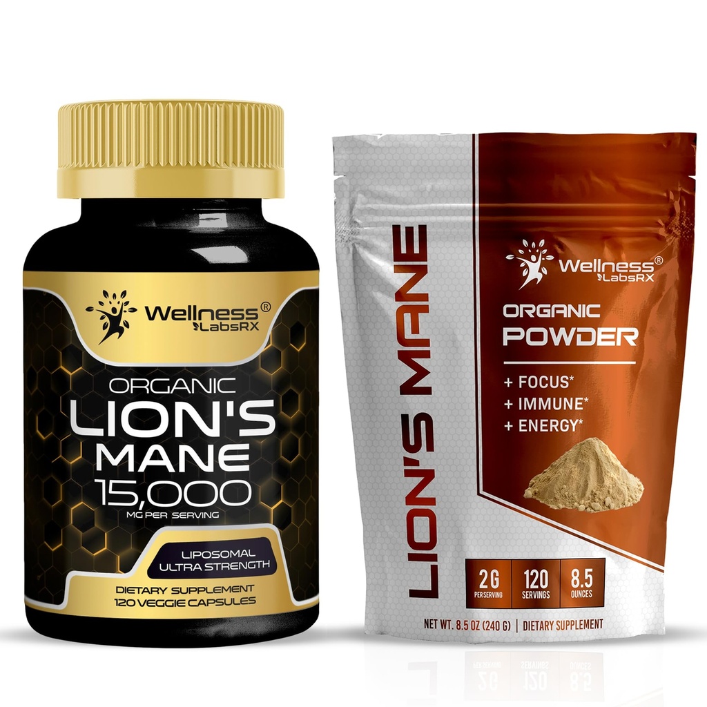WELLNESS LABSRX Lions Mane Supplement Capsules - Lions Mane Powder 2000mg | Bundle