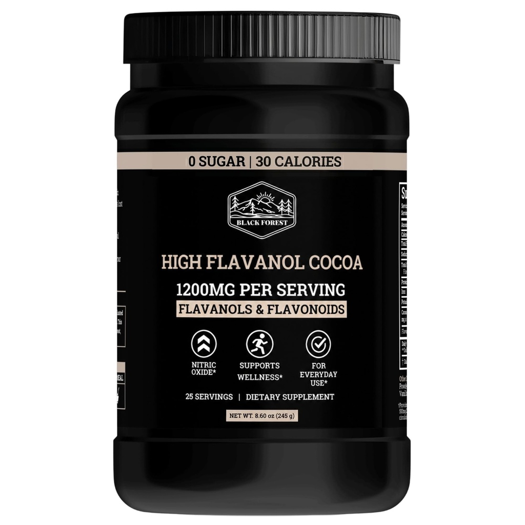 Black Forest High Flavanol Cocoa Powder - 1200mg Flavanols & Flavonoids with 600mg Epicatechin - 10X Concentrated Dark Cocoa Extract for Nitric Oxide and Wellness Support - Non-GMO Vegan