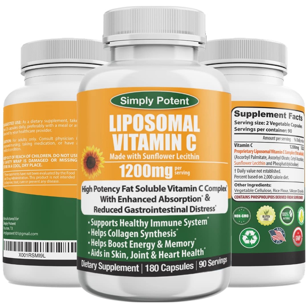Simply Potent Liposomal Vitamin C 1200mg — 180 Capsules (90 Servings) | High Absorption Fat Soluble VIT C | Sunflower Lecithin | Immune Support, Collagen & Antioxidant | Non-GMO, Vegan | Made in USA