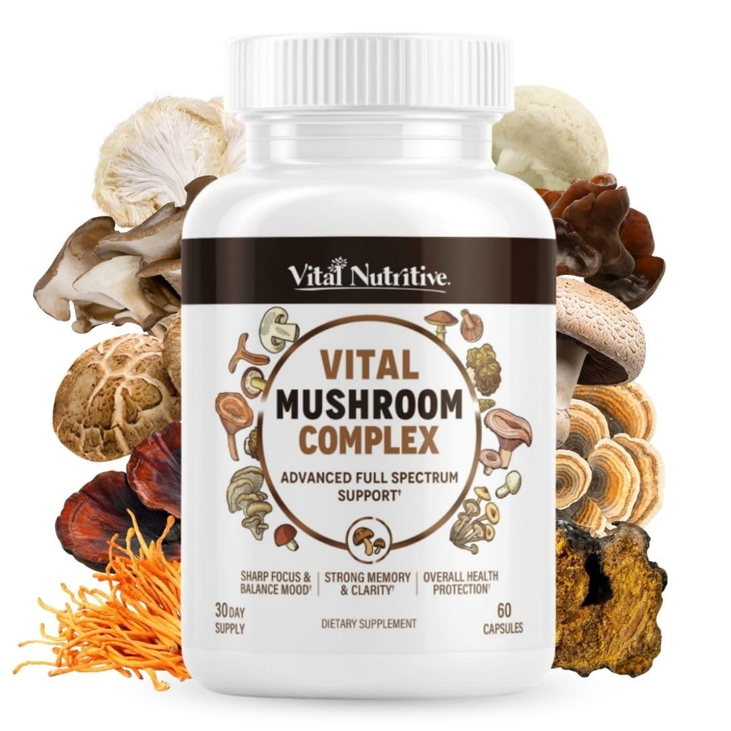 Vital 10-in-1 Mushroom Supplement Complex – High Potency Lion’s Mane, Cordyceps, Reishi & Turkey Tail Capsules – Nootropic Brain Support for Memory, Focus & Energy – 30 Day Supply