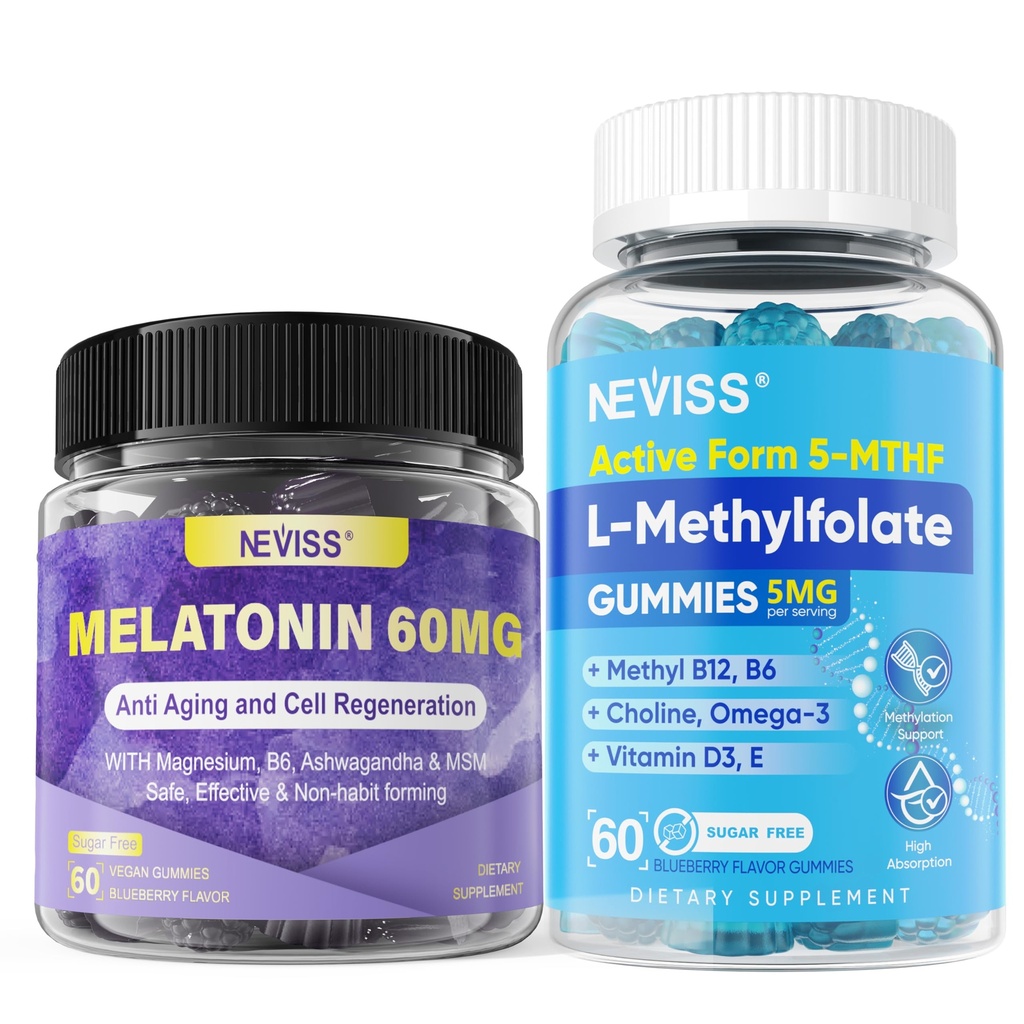NEVISS 1Pack Antioxidant & Brain Support Melatonin 60mg Gummies with 2Pack L Methylfolate & Methyl B12 Gummies for Methylation, Fucus, Mood, Energy