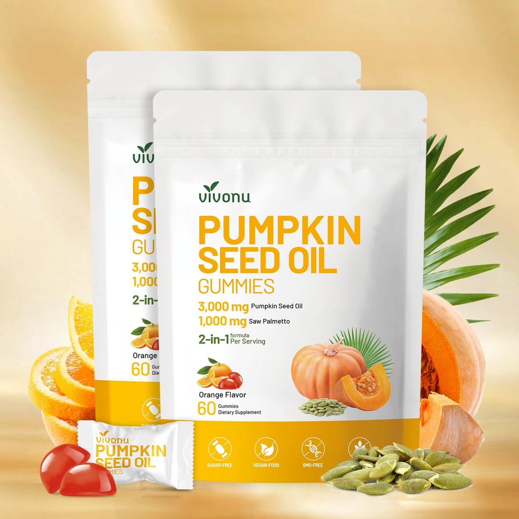 VivoNu Organic Pumpkin Seed Oil Gummies,Cold Pressed Pumpkin Seed Oil with Saw Palmetto Gummies,for Prostate Health,BPH Support,Hair & Bladder Control - Non-GMO,Sugar-Free