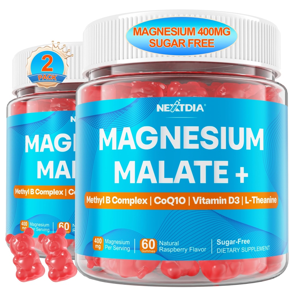 Magnesium Malate Gummies - Magnesium 400mg, L-5-MTHF Folate 680mcg, Methyl B12, B6, L-Theanine & CoQ10 - Sugar Free Methylated Magnesium Complex for Women Men, Methylation, Energy, Muscle & Calm,2Pack