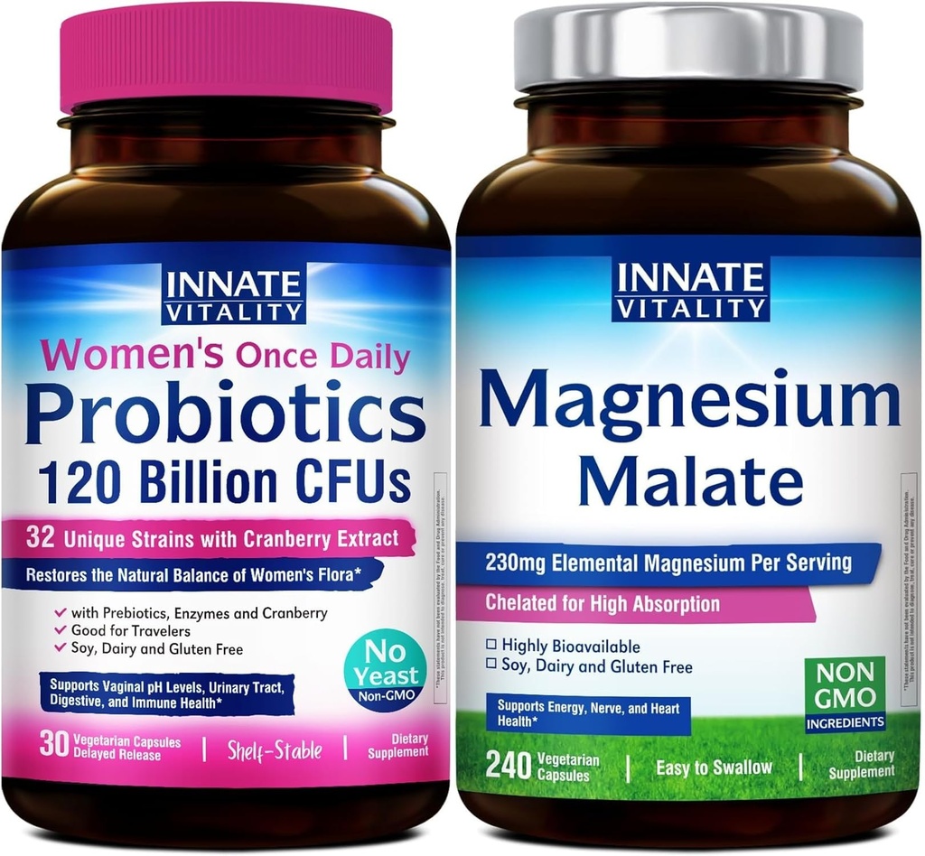 Innate Vitality Women’s Probiotics & Magnesium Malate Bundle, Gut Health, Vaginal pH & Energy Support, 120 Billion CFU Probiotic + 230mg Magnesium