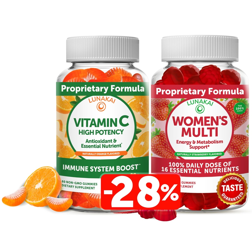 Lunakai Vitamin C and Women's Multivitamin Gummies Bundle - 300mg Organic, Non-GMO, Vegan Chewable Supplement - 100% Daily Value of 16 Essential Vitamins and Minerals Healthy Gummy - 30 Days Supply