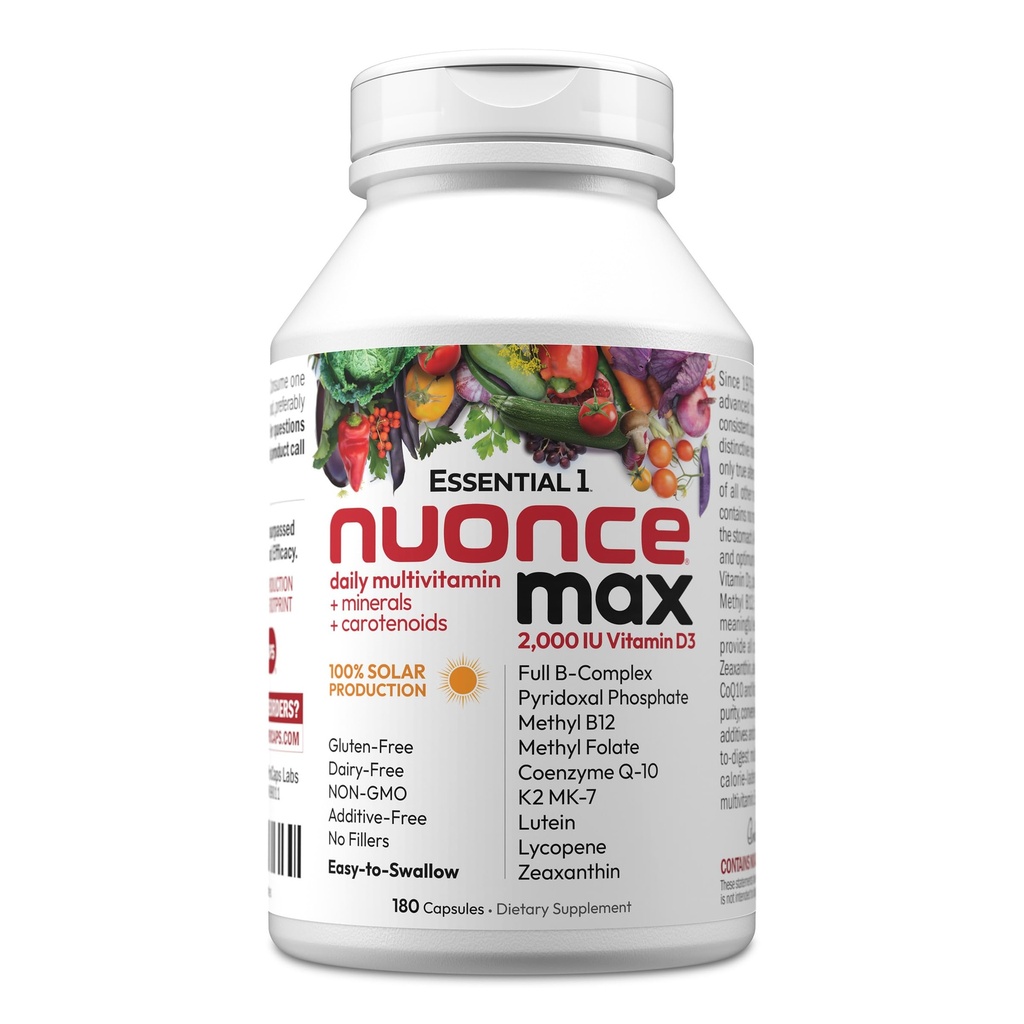 ANDREW LESSMAN Essential-1 nuonce max Multivitamin 2000 IU Vitamin D3 180 Small Capsules. 100 mcg Methyl B12. CoQ10 Lutein Lycopene Zeaxanthin. High Potency. No Additives. Ultra-Mild One Daily Capsule