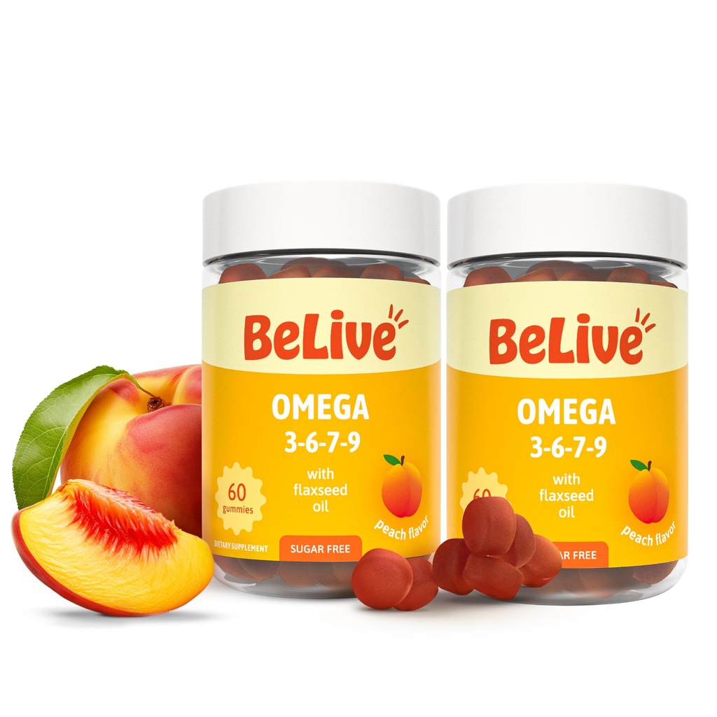 BeLive Omega 3 6 7 & 9 Gummies for Healthy Heart and Brain, Zero Sugar | From Flaxseed Oil & Sea Buckthorn Fruit Oil for Full Body Overall Support, Brain & Eye, Bone & Joint - Peach Flavor - 120 Ct