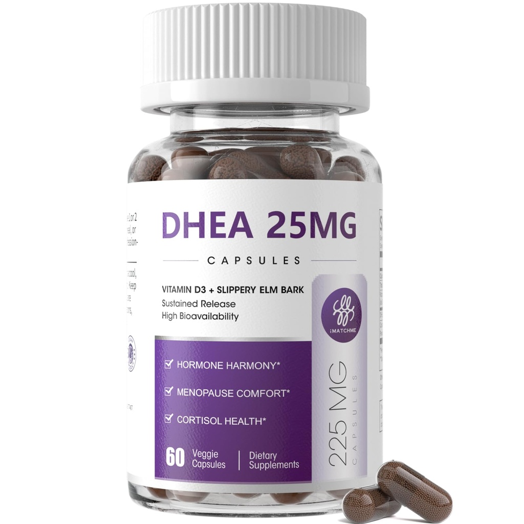 iMATCHME Women's DHEA 25mg Supplement with Vitamin D3 & Slippery Elm – Daily Hormone Support for Energy, Mood, Immune & Healthy Aging – Gentle Balance Formula, Vegan Capsules, 60 Count
