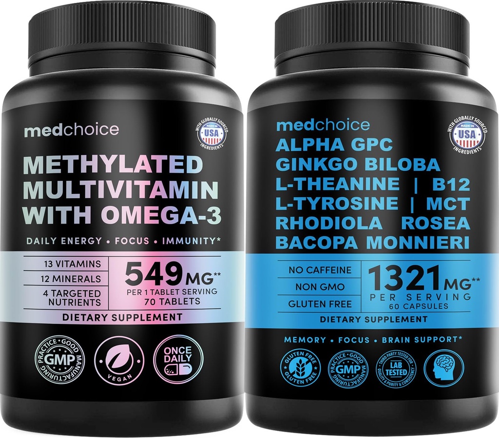 29-in-1 Methylated Multivitamin for Men & Women with Omega 3, Active B12, 5-MTHF Folate (70ct) & 12-in-1 Nootropic Brain Supplement Anhydrous: Ginkgo Biloba for Brain Support, Memory, Focus (120 ct)