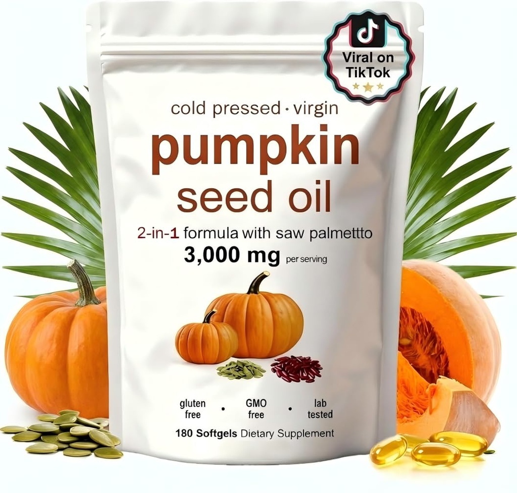 Pumpkin Seed Oil with Saw Palmetto- 3000mg - 180 Softgels -Cold Pressed - Pure Virgin Oil - Essential Fatty Acids & Phytosterols - Supports Hair - Urinary - Bladder & Prostate Health - Non-GMO