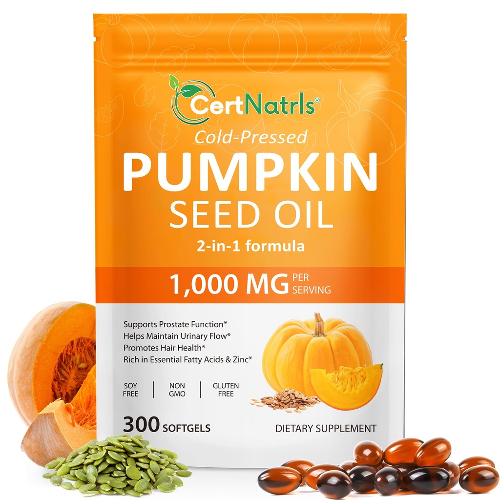 Pumpkin Seed Oil with Saw Palmetto (1000mg per Serving), Cold-Pressed Pumpkin Seed Oil for Hair Growth, Prostate Health, Urinary Tract Support, 300 Softgels Supplement of Essential Fatty Acids