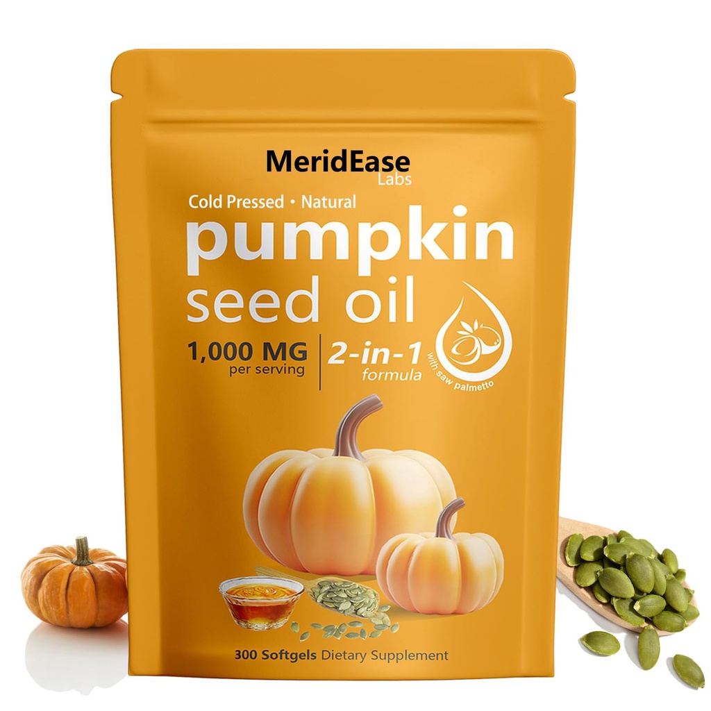 MeridEase Labs Pumpkin Seed Oil – 1000 MG per Serving, 2-in-1 Formula with Saw Palmetto, 300 Softgels
