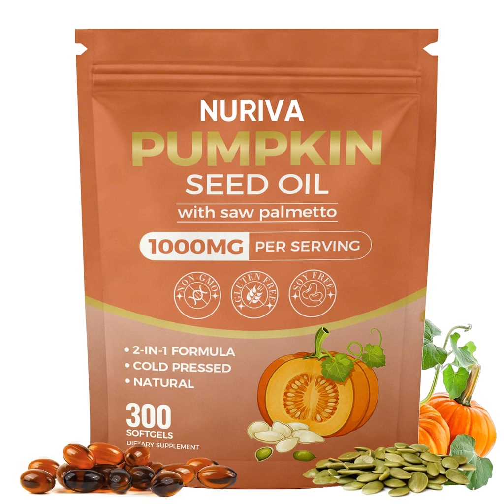 Nuriva Pumpkin Seed Oil with Saw Palmetto Capsules – 2-in-1 Formula, Cold-Pressed Virgin Oil, 300 Softgels | Essential Fatty Acids | Supports Hair Growth, Bladder & Prostate Health | Non-GMO(1 PACK)