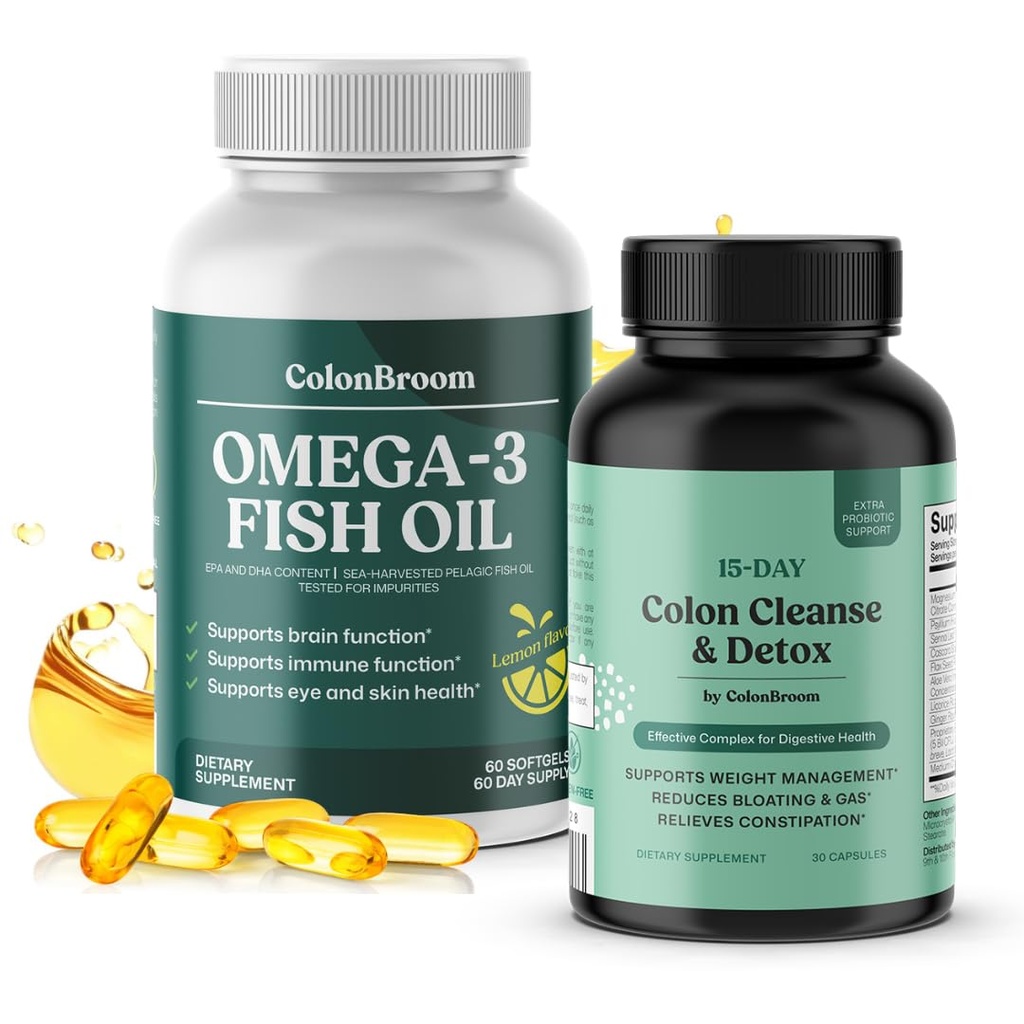 ColonBroom 15 Day Colon Cleanse & Detox Cleanse for Weight Loss + Omega 3 Fish Oil 2640 mg Softgels (60 Count, 2 Month) Lemon Flavor | Daily Fish Oil Omega-3 Supplement for Women & Men with EPA & DHA