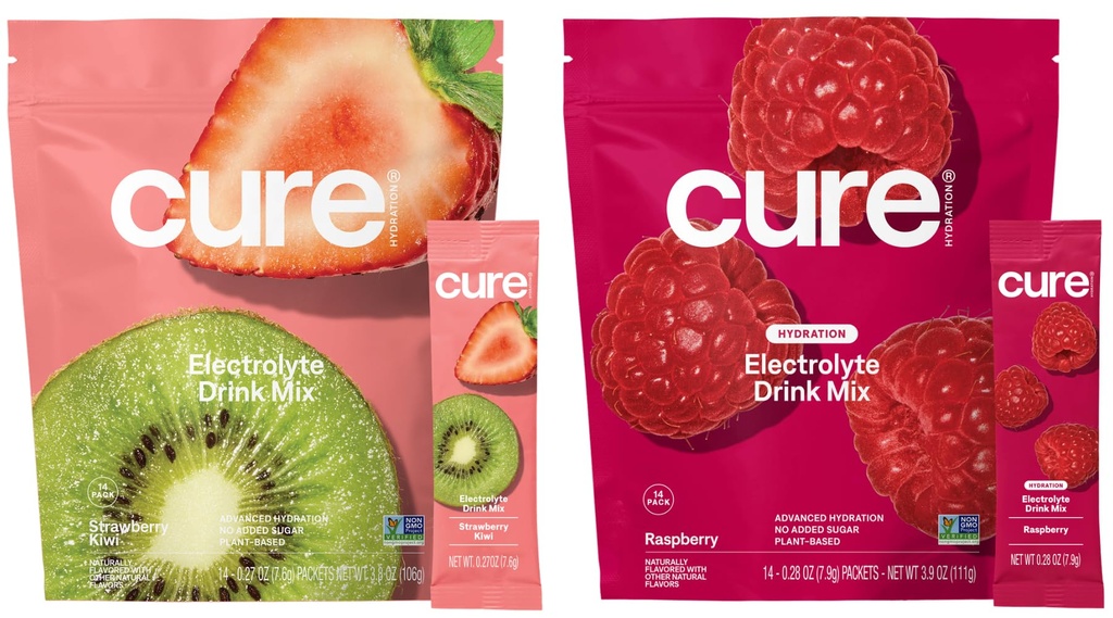 Cure Hydration Bundle | Plant-Based Electrolyte Drink Mix | No Added Sugar | FSA-HSA | Dehydration Relief Powder Made with Coconut Water | Vegan | 28 Packets - Strawberry Kiwi & Raspberry