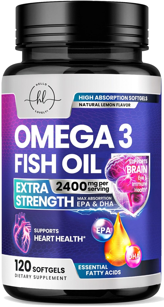 Omega 3 Fish Oil Supplements - 2400mg Fish Oil Per Serving - Triple Strength Omega-3 with EPA & DHA Fatty Acids - Natural Heart, Brain & Immune Support - Wild Caught, Bottled in USA - 120 Softgels