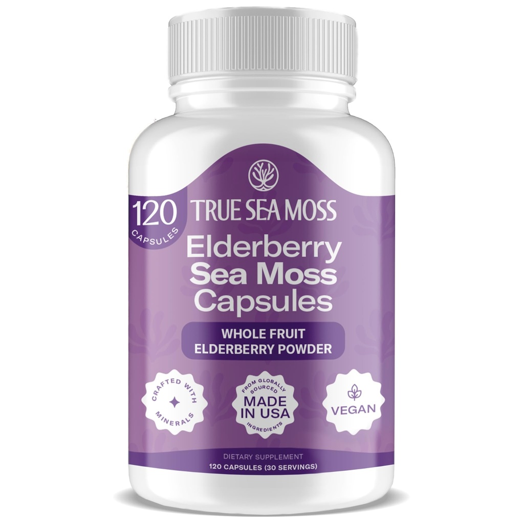 TrueSeaMoss Irish Sea Moss Capsules - 120 Elderberry Capsules (1600mg) - Fruit Extracts Superfood - for Overall Wellness